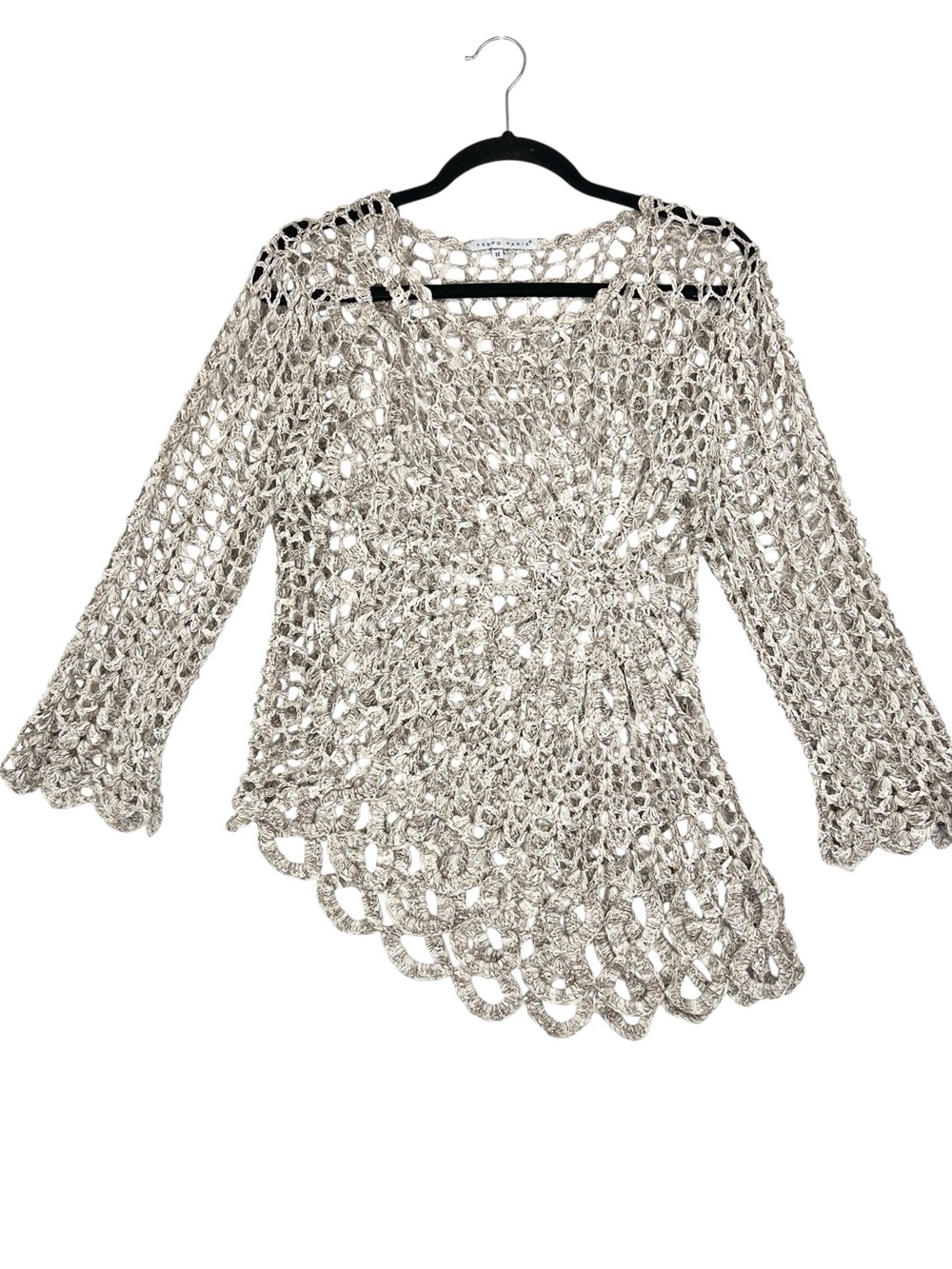 Tempo Paris Y2K crochet knit long sleeve top Sz M Beige Boho Festival Concert